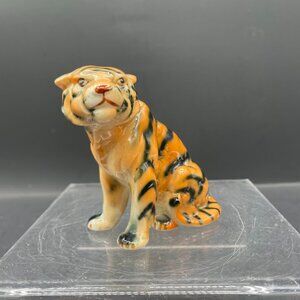 Vintage Ceramic Sitting Smirking Orange Black Tiger Small Glossy Figurine Big Ca
